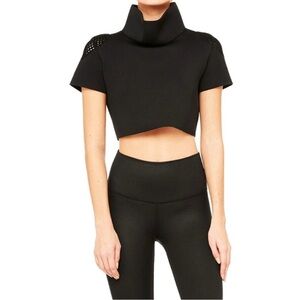 Alo In Shape Short Sleeve Top Black Mesh Cut-Outs Neoprene High Mock Neck Crop L